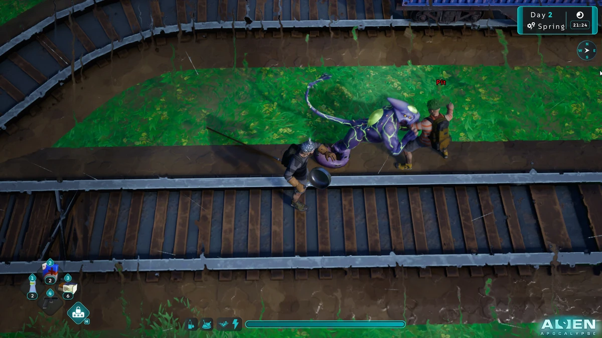ภาพการต่อสู้กับเอเลี่ยนในมุมมอง Isometric บนรางรถไฟของเกม Alien Apocalypse