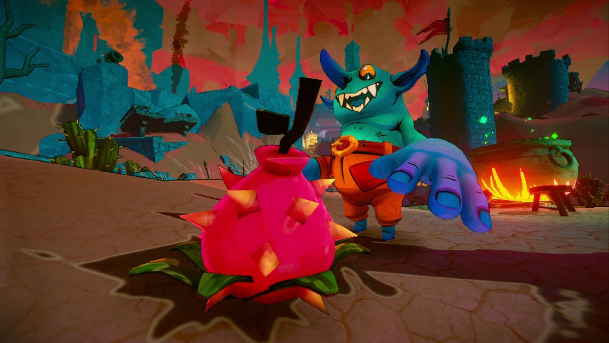 ผู้เล่นโกบลินร่วมมือกันลากศพราชาข้ามสิ่งกีดขวางในเกม All Haul the King