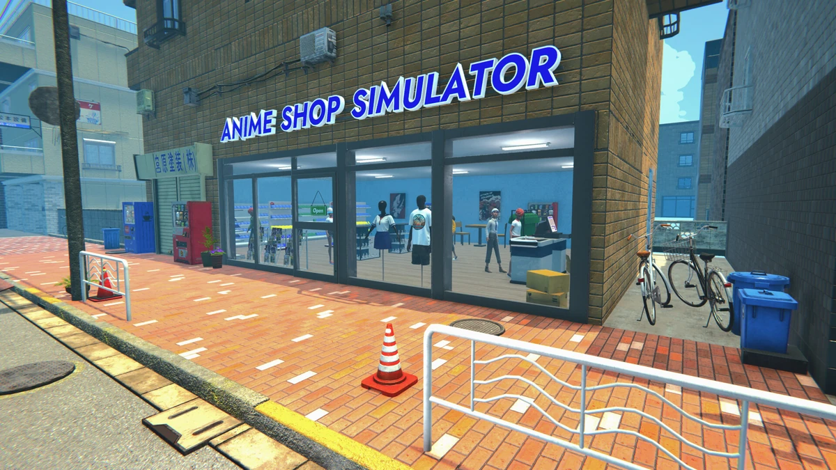 ภาพหน้าร้านค้า Anime Shop Simulator ริมถนนชุมชนสไตล์ญี่ปุ่นพร้อมตู้กดน้ำและจักรยาน