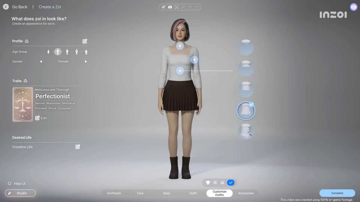 หน้าต่างการปรับแต่งตัวละคร Zoi ในโหมด Character Studio ของเกม inZOI