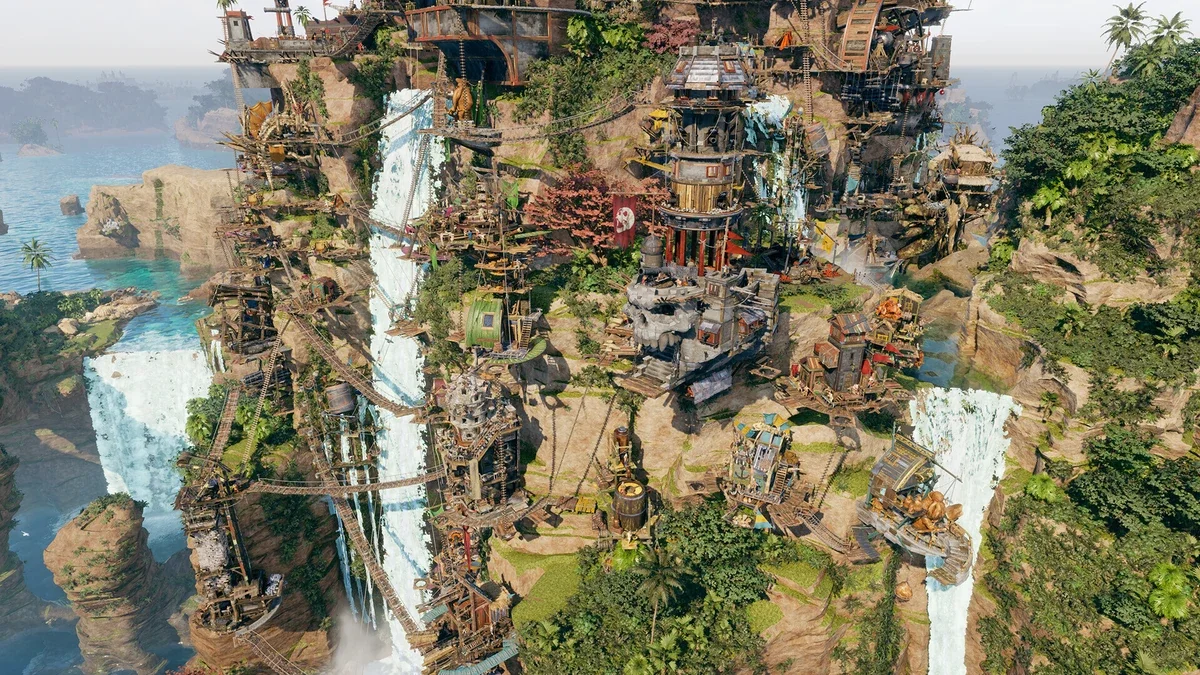 ภาพเกมเพลย์การสร้างอาณานิคมโจรสลัดแนวตั้งตามหน้าผาหินและเส้นทางสะพานไม้ในเกม Corsair Cove