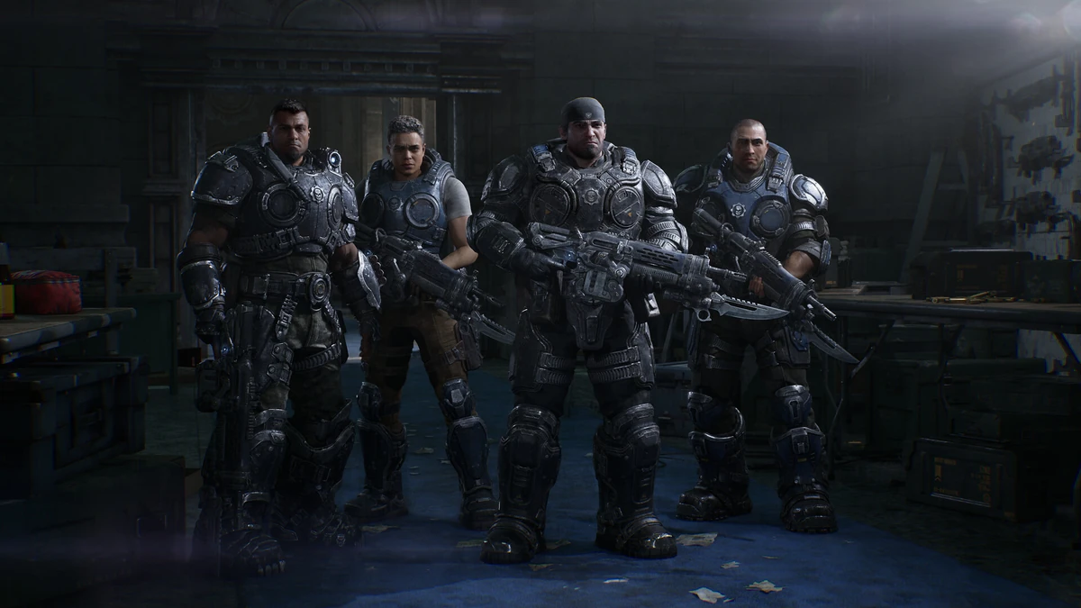 หน่วยทหาร COG ทั้ง 4 นายในชุดเกราะพร้อมอาวุธปืนไรเฟิลติดดาบปลายปืน