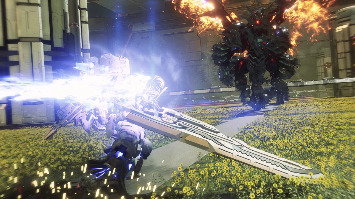 ภาพการควบคุมหุ่น Gundam Helix เข้าปะทะศัตรูด้วยความเร็วสูง