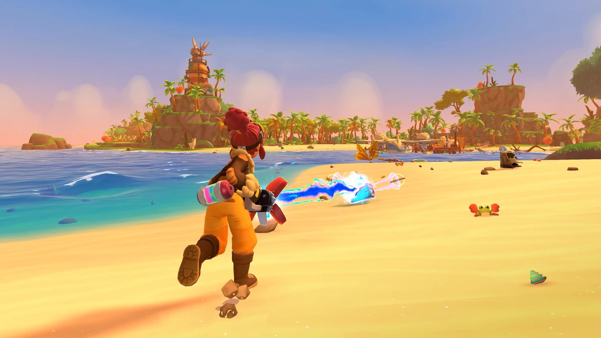 ภาพการใช้อุปกรณ์ Swirler ดูดเก็บขยะและทรัพยากรบนชายหาดในเกม Lou's Lagoon
