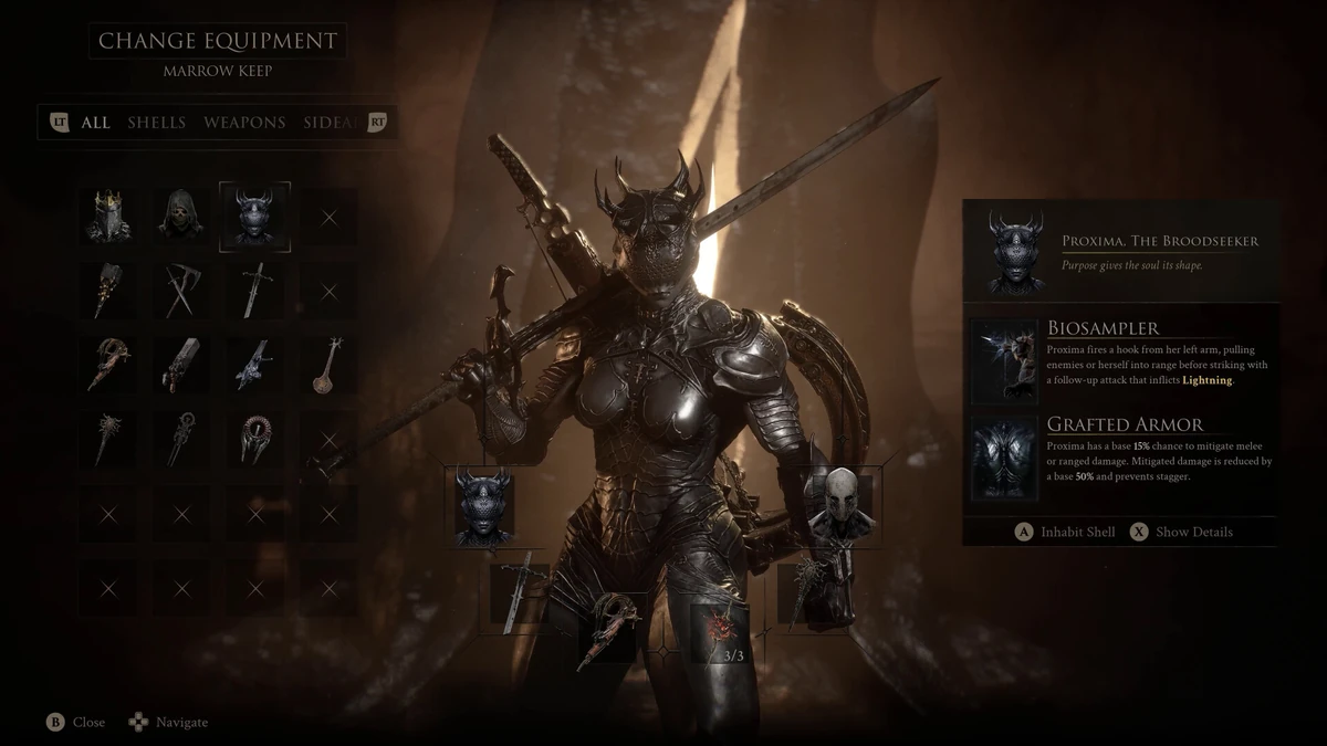 ภาพหน้าจอเมนู Change Equipment แสดงร่างสถิตวิญญาณ Proxima The Broodseeker ในเกม Mortal Shell 2