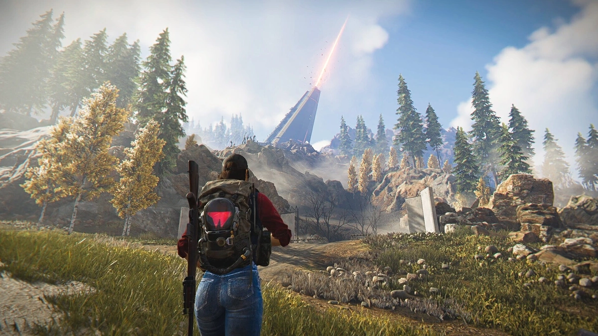 ตัวละครผู้รอดชีวิตกำลังมองไปยังเสา Monolith กลางโลกเปิดของเกม Once Human