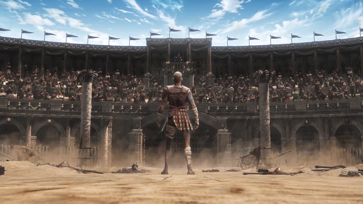 คลาสใหม่ Duelist ยืนกลางลานประลองโคลอสเซียมท่ามกลางอัฒจันทร์ผู้ชมในเกม Path of Exile 2