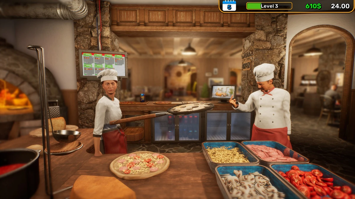 การเตรียมวัตถุดิบและเตาอบพิซซ่าใน Pizza House Simulator