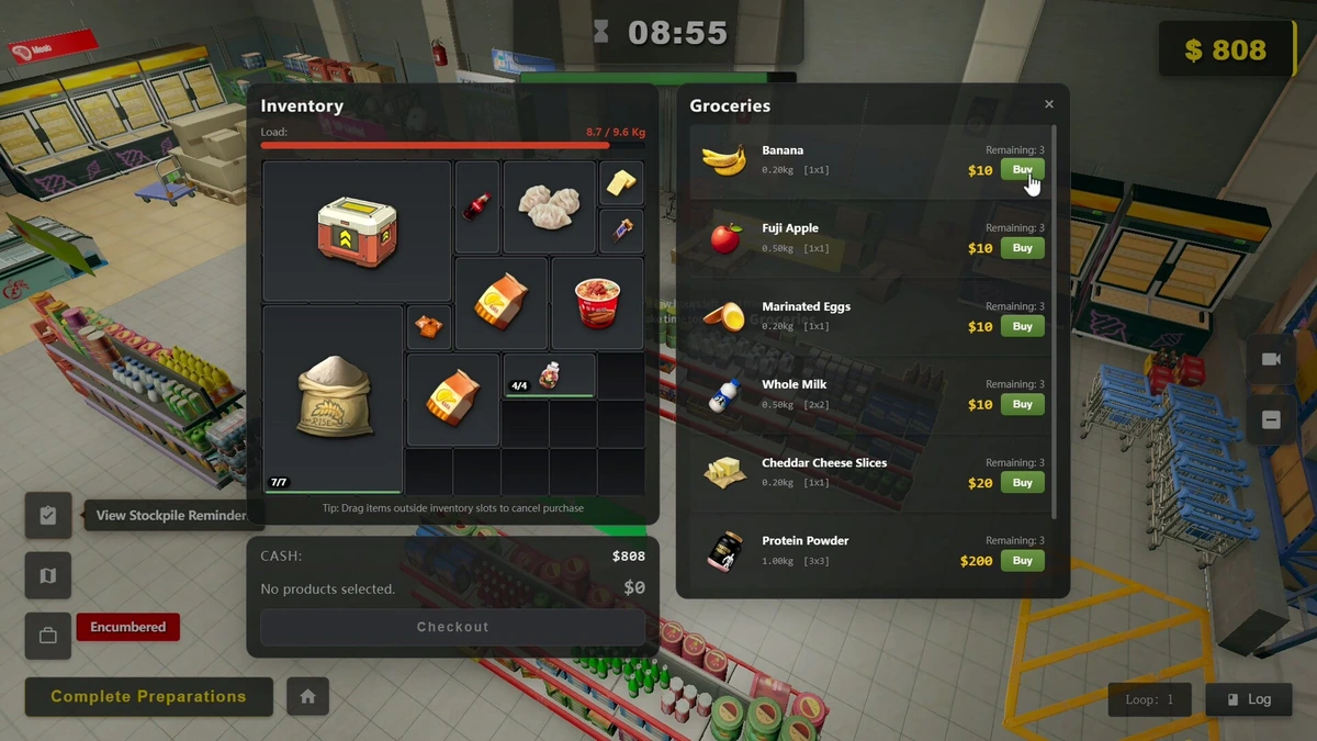 Survival Log หน้าจอการเลือกซื้อเสบียงอาหารและจัดการกระเป๋าในซูเปอร์มาร์เก็ต