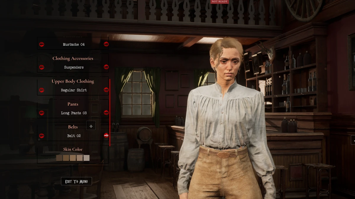 หน้าต่างเมนูสร้างและปรับแต่งตัวละครคาวบอยในร้านเหล้าของเกม Western Rye