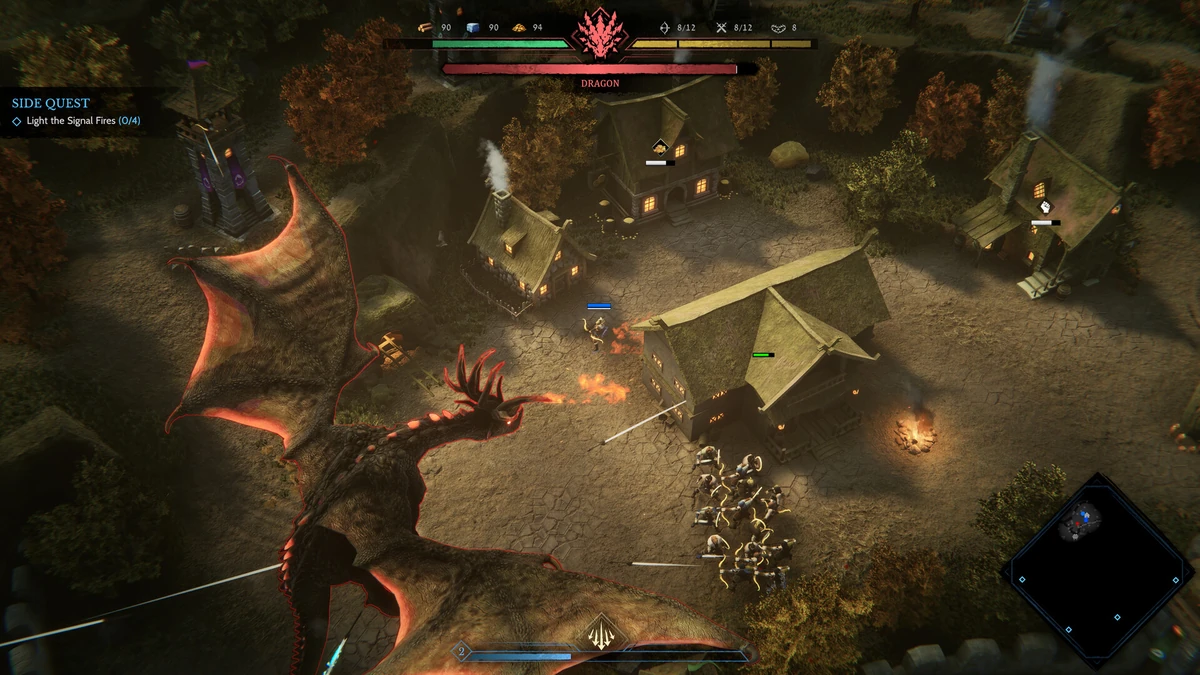 ฉากผู้เล่นต่อสู้กับมังกรและป้องกันนิคมใน Hordeguard: Winds of the North