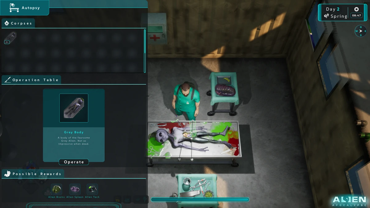 ภาพหน้าจอระบบการผ่าตัดชันสูตรซากเอเลี่ยน Autopsy ในเกม Alien Apocalypse