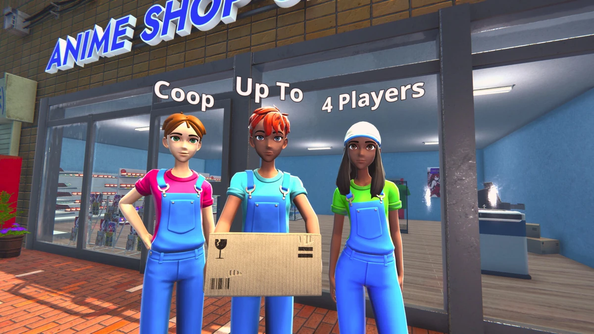 ภาพทีมพนักงานร้าน 3 คนในชุดเอี๊ยมถือกล่องพัสดุหน้าประตูร้านพร้อมโหมด Coop สูงสุด 4 คน