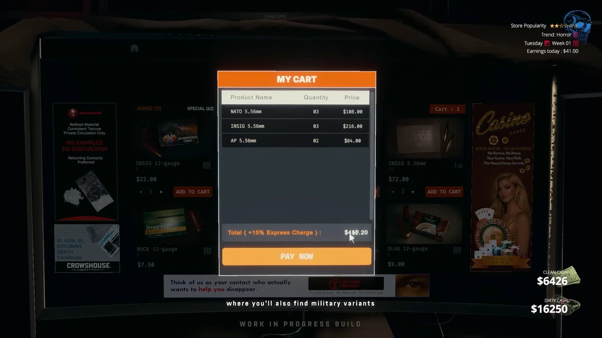 หน้าจอสั่งซื้อกระสุนปืนและอาวุธสงครามผ่านตลาดมืดด้วยเงินสกปรกในเกม BLACKWOOD