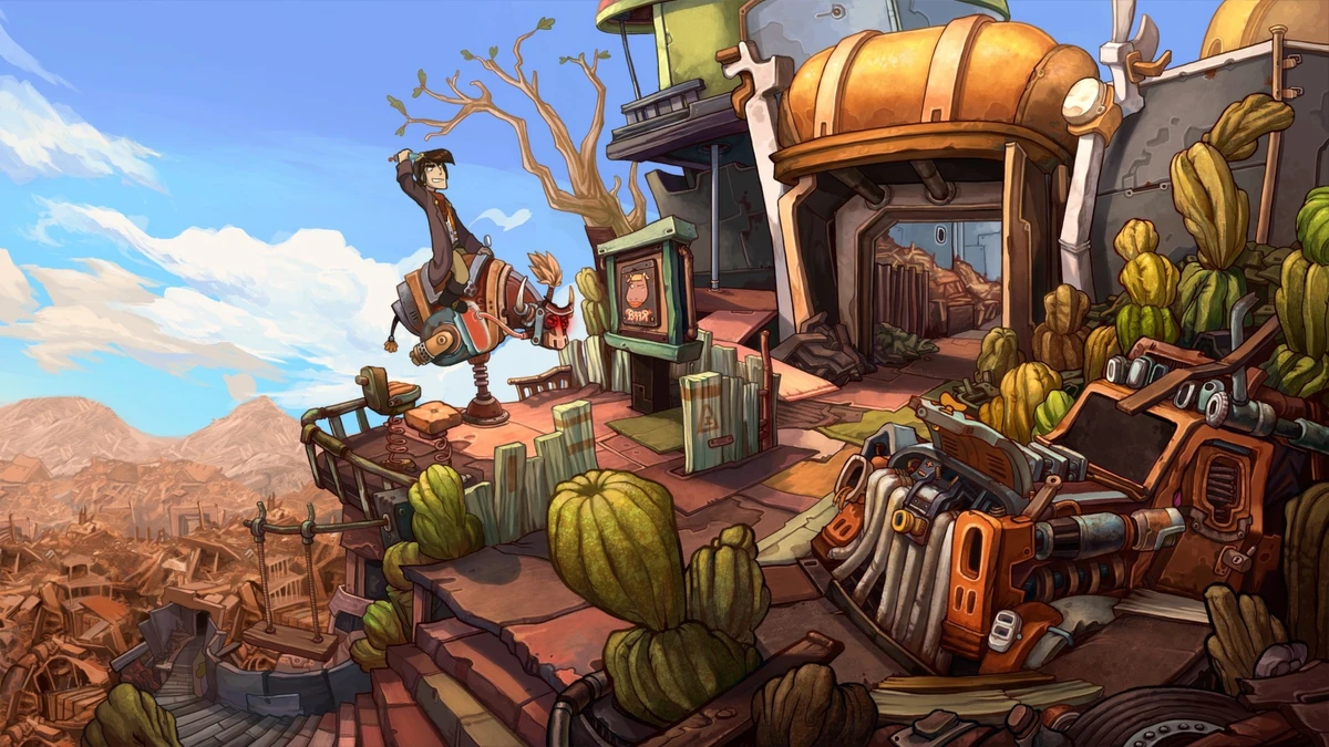งานภาพกราฟิก 2D วาดมือประณีตและฉากสนทนาในเกม Deponia
