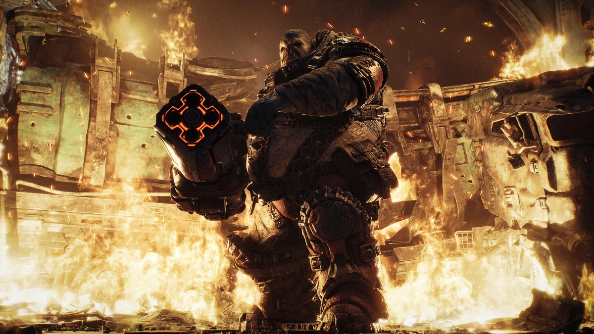 ศัตรู Locust ร่างยักษ์พร้อมอาวุธปืนใหญ่ท่ามกลางเปลวเพลิง