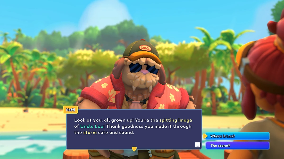 ภาพบทสนทนาคัตซีนกับตัวละคร NPC ชื่อ Hefti ในเกม Lou's Lagoon