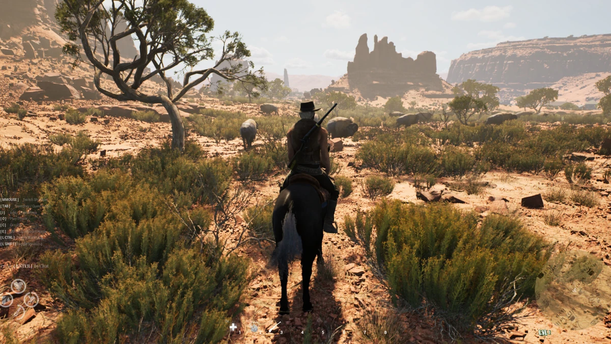 คาวบอยขี่ม้าเดินทางสำรวจภูมิประเทศหุบเขาในเกม Western Rye