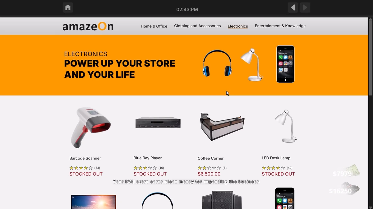 เว็บไซต์จำลอง amazeOn สำหรับสั่งซื้ออุปกรณ์พัฒนาและตกแต่งร้านเช่า DVD ในเกม BLACKWOOD