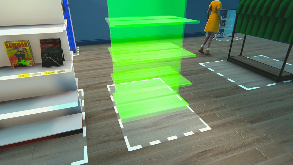 ภาพระบบจัดวางชั้นวางสินค้าด้วยเส้นกริดโฮโลแกรมสีเขียวบนพื้นร้าน Anime Shop Simulator