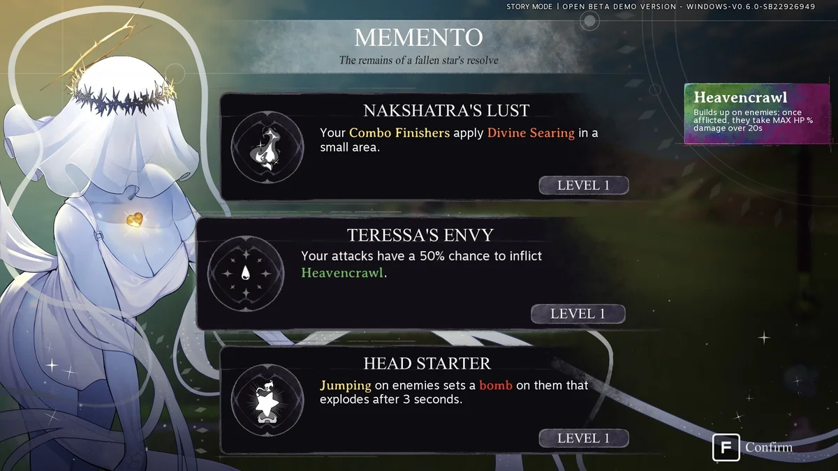 หน้าจอเลือกอัปเกรดพร Memento ในระหว่างการเล่น Kernel Hearts