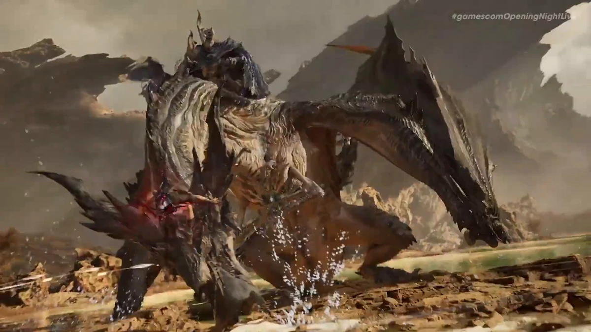 ฉากแอ็กชันการปีนป่ายขึ้นบนตัวบอสมังกรเพื่อโจมตีจุดอ่อนในเกม Nodus Fall