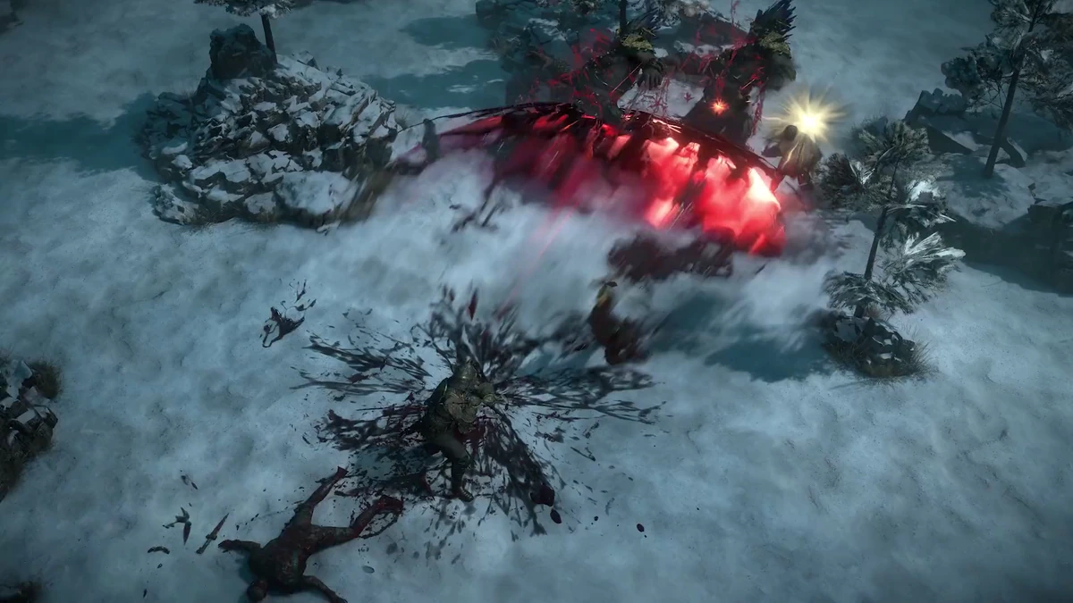 คลาส Duelist ปล่อยคลื่นพลังดาบผ่าโลหิตสีแดงขนาดใหญ่บนพื้นที่หิมะในเกม Path of Exile 2