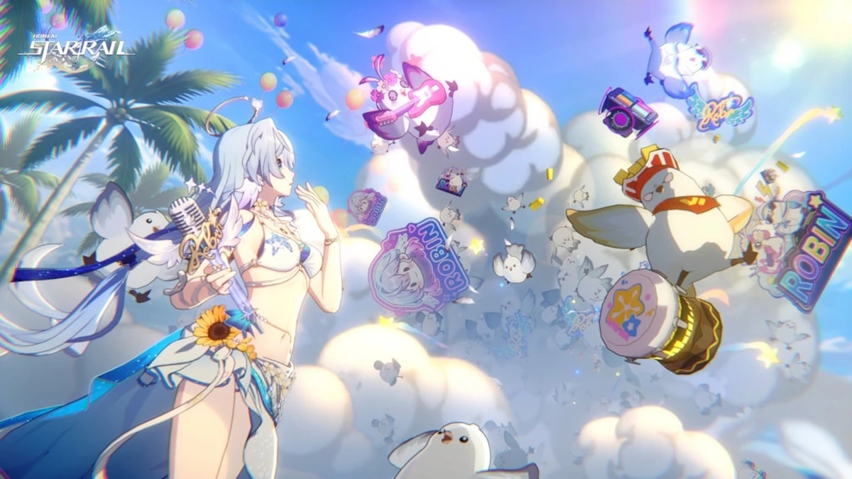 Robin ในชุดว่ายน้ำซัมเมอร์ริมหาด ถือไมโครโฟนร้องเพลงร่วมกับเหล่านก Origami Birds