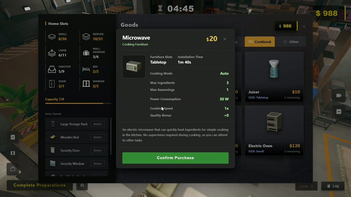 Survival Log เมนูการเลือกซื้อเครื่องใช้ไฟฟ้าและเฟอร์นิเจอร์เข้าบ้านพัก