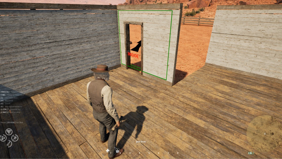 การวางชิ้นส่วนผนังและกรอบประตูไม้ลงบนฐานรากบ้านพักในเกม Western Rye