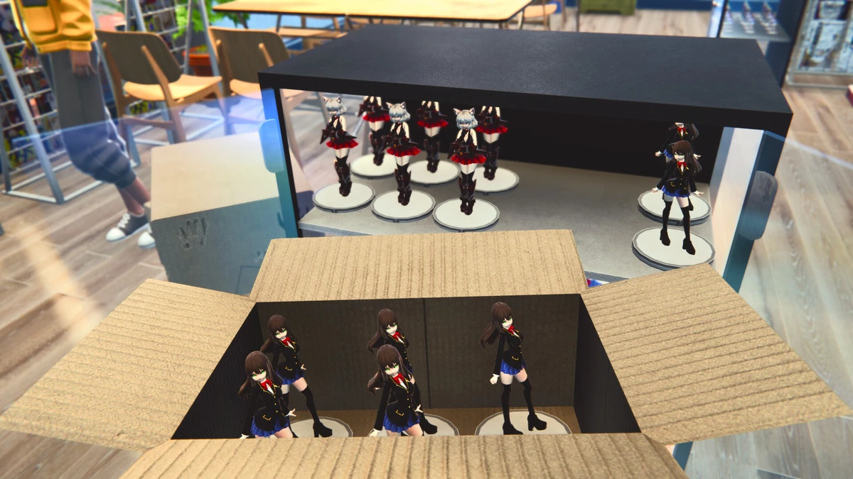 ภาพการจัดเรียงฟิกเกอร์ตัวละครลงตู้โชว์ในเกม Anime Shop Simulator
