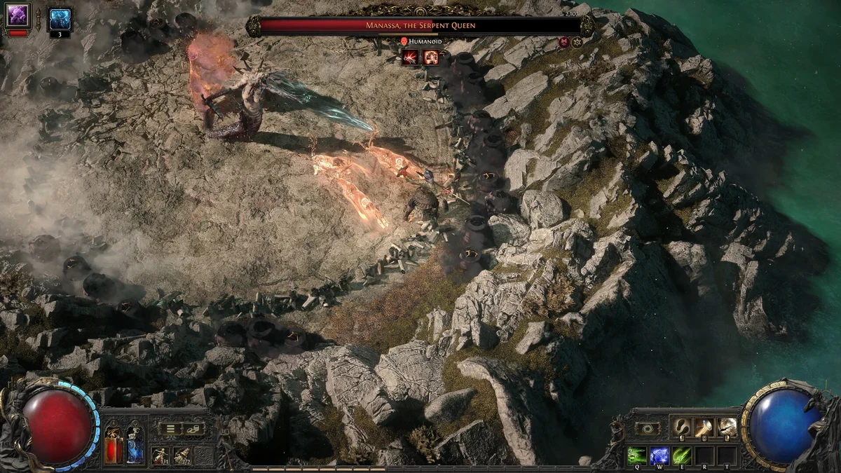 ฉากการต่อสู้กับบอสราชินีอสรพิษ Manassa The Serpent Queen ริมหน้าผาหินในเกม Path of Exile 2