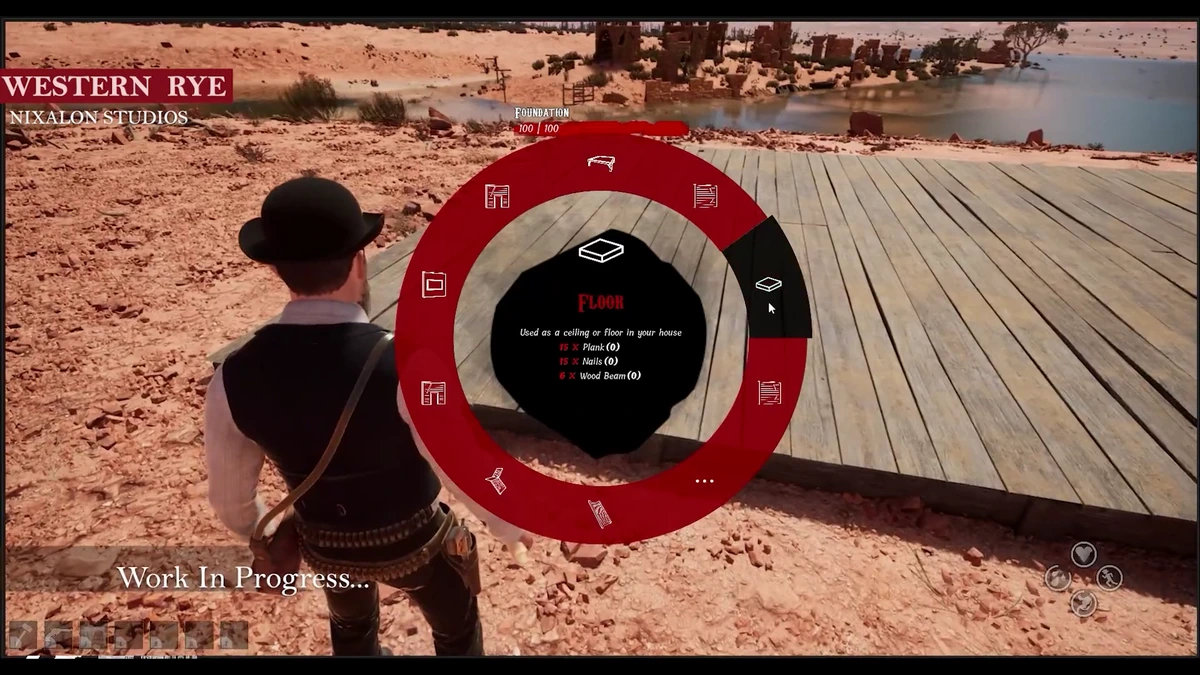 เมนูวงล้อระบบสร้างบ้านสำหรับเลือกวางพื้นไม้และโครงสร้างฐานรากในเกม Western Rye