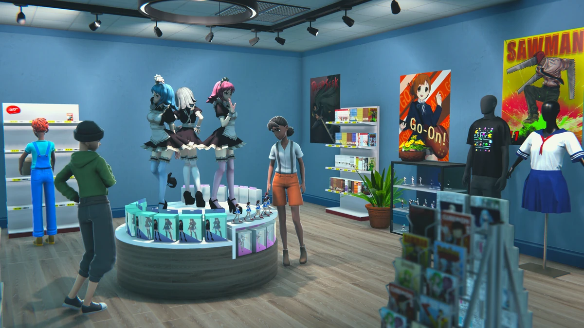 ภาพการตกแต่งร้านด้วยฟิกเกอร์เมดขนาดใหญ่และโปสเตอร์อนิเมะในเกม Anime Shop Simulator