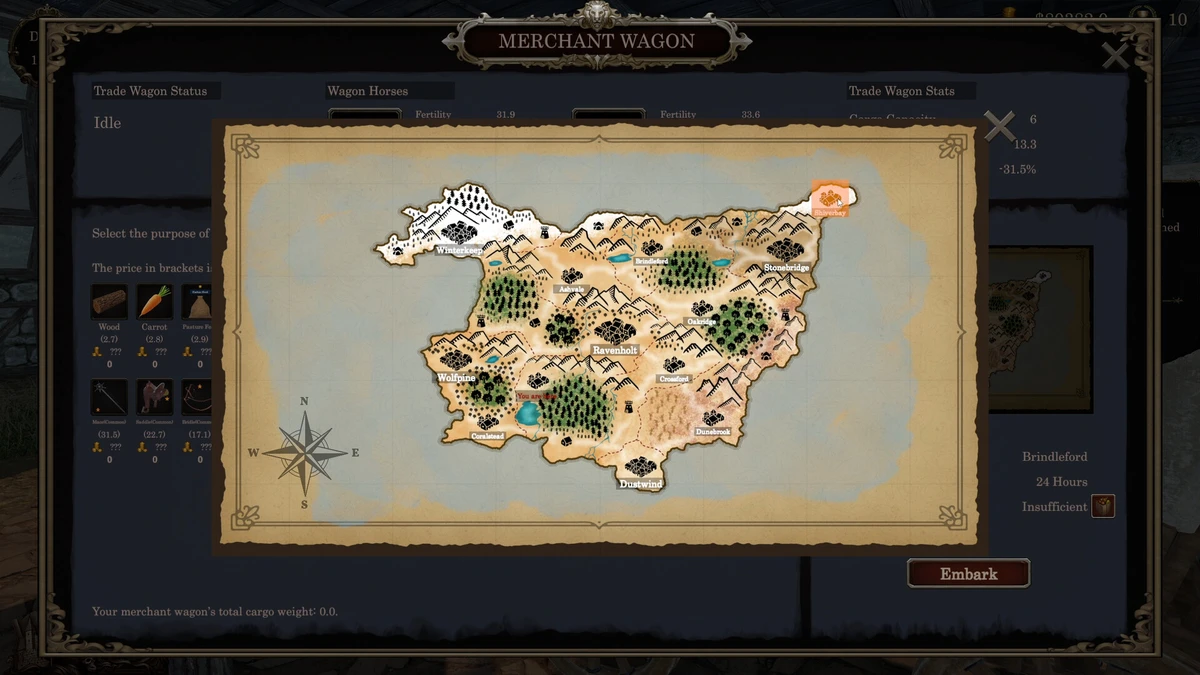 ภาพอินเทอร์เฟซแผนที่การค้า Merchant Wagon และเส้นทางคาราวานระหว่างเมือง