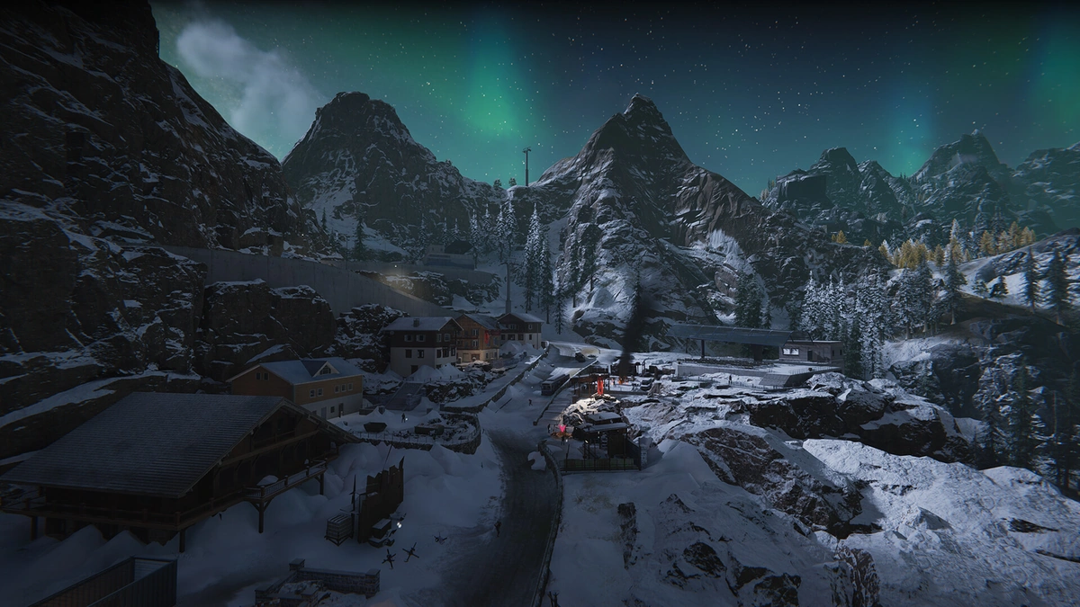 ทิวทัศน์หุบเขาหิมะและแสงเหนือออโรร่ายามค่ำคืนในเกม Once Human บนคอนโซล
