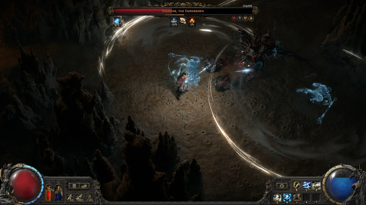 การต่อสู้กับบอสโกเลมเพลิง Volkhar The Emberborn ในถ้ำหินย้อยด้วยสกิลน้ำแข็งในเกม Path of Exile 2