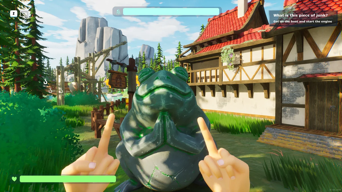 รูปปั้นหินกบ Laba the Frog ขนาดใหญ่ในท่าพนมมือตั้งอยู่หน้าบ้านพักในเกม Water You Doing