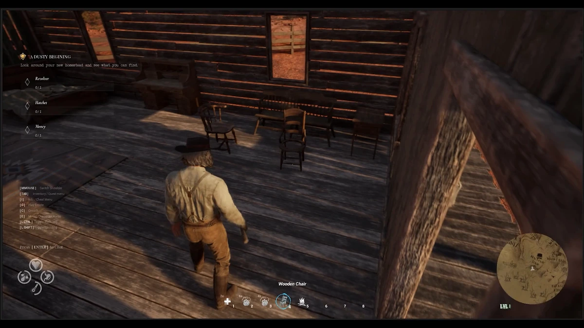 การตกแต่งภายในบ้านพักด้วยโต๊ะเก้าอี้ไม้พร้อมเควสต์สำรวจบ้านใหม่ในเกม Western Rye