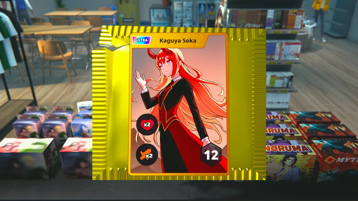 ภาพการเปิดซองการ์ดสะสมระดับ Ultra ในเกม Anime Shop Simulator