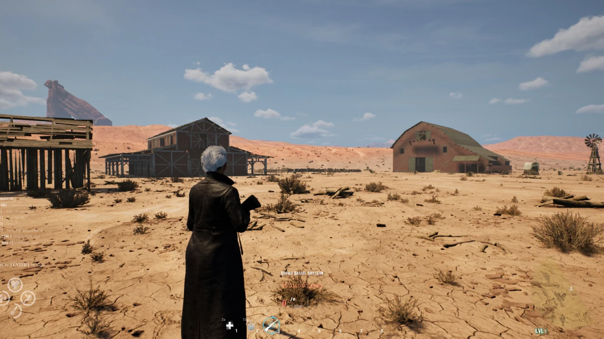 คาวบอยถือปืนลูกซองยืนมองฟาร์มและโรงนาไม้ขนาดใหญ่กลางทะเลทรายในเกม Western Rye