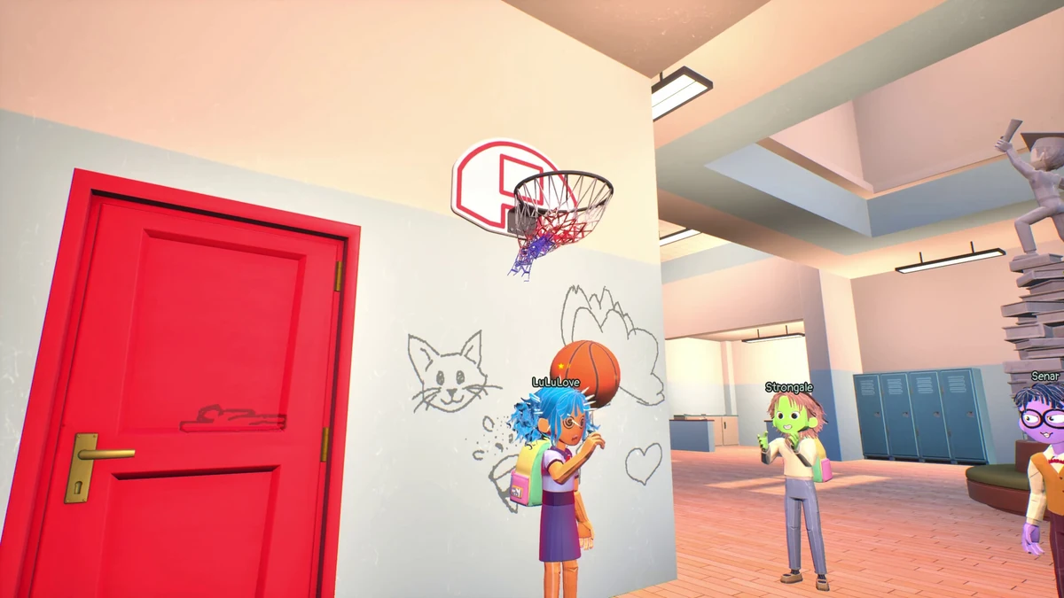 บริเวณทางเดินในโรงเรียนสำหรับชู้ตบาสเกตบอลและวาดรูปบนกำแพงในเกม Finals Week