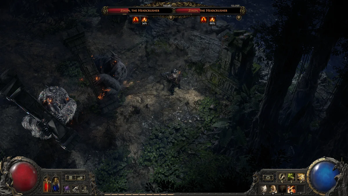 การต่อสู้กับบอสกอริลลายักษ์ Zekoa The Headcrusher ถือเสาหินทุบโจมตีในเกม Path of Exile 2