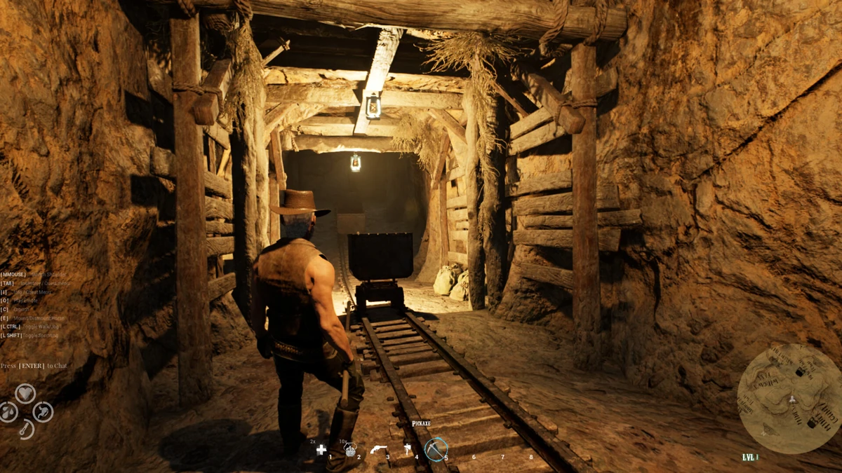 คาวบอยถืออีเต็ดยืนอยู่ในอุโมงค์เหมืองแร่ใต้ดินที่มีรางรถไฟขนแร่ในเกม Western Rye