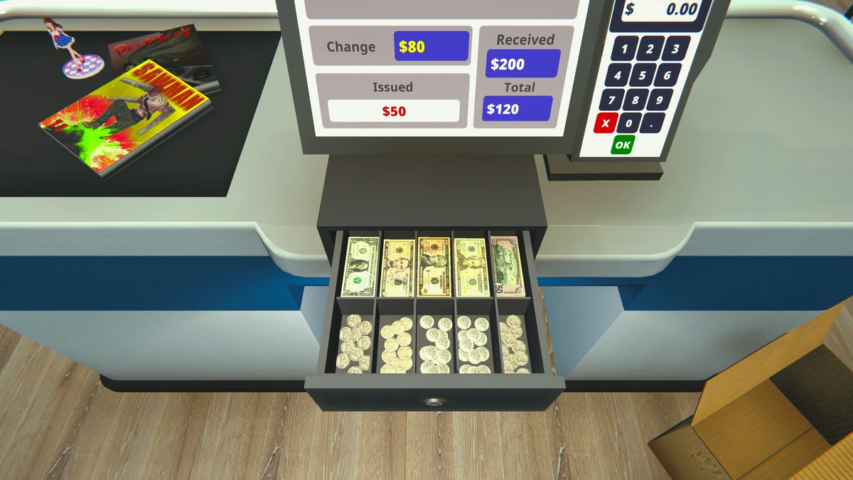 ภาพมุมมองหน้าจอเครื่องคิดเงิน POS และลิ้นชักทอนเงินสดในเกม Anime Shop Simulator