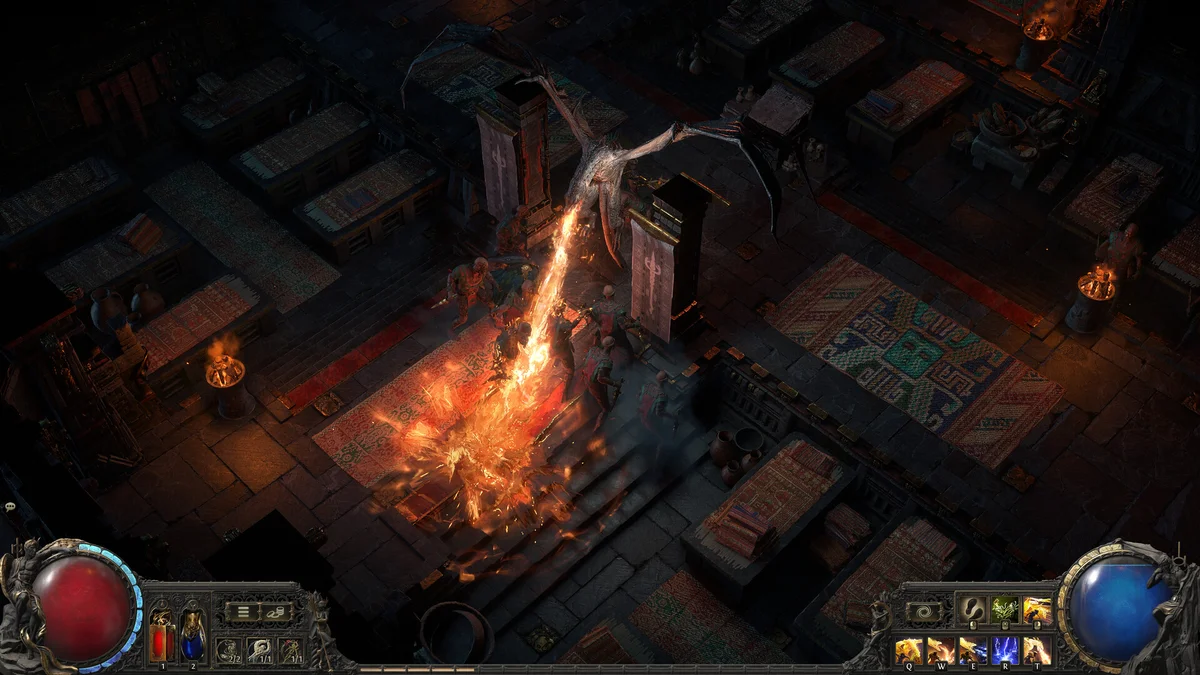 มอนสเตอร์มังกรมีปีกพ่นลำแสงเพลิงเผาทำลายศัตรูภายในห้องโถงของเกม Path of Exile 2