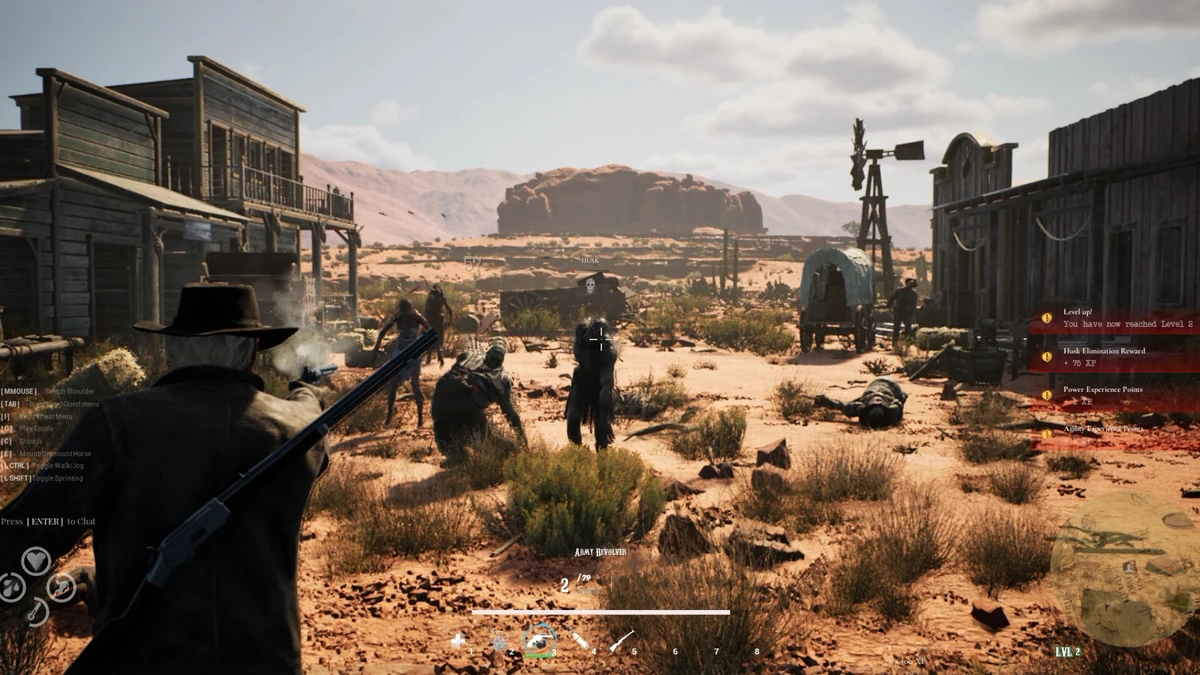 คาวบอยกำลังเล็งยิงปืนลูกโม่ใส่ฝูงสิ่งมีชีวิตติดเชื้อในเมืองของเกม Western Rye
