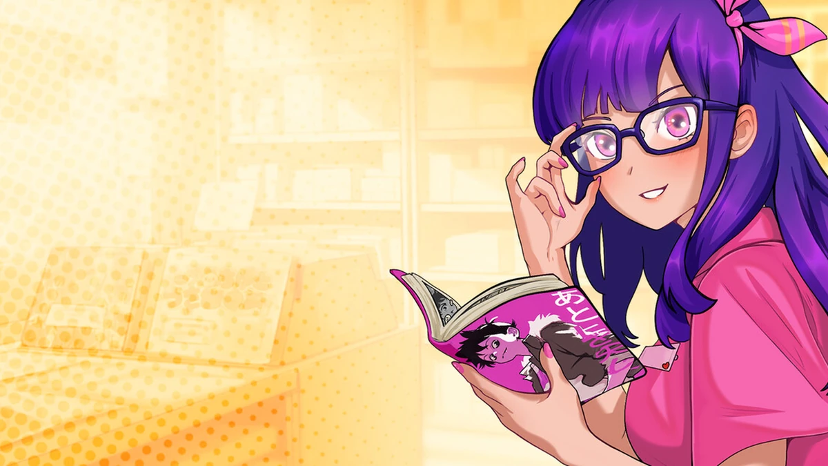 ภาพคีย์อาร์ตทางการสาวแว่นผมม่วงกำลังอ่านมังงะในร้าน Anime Shop Simulator