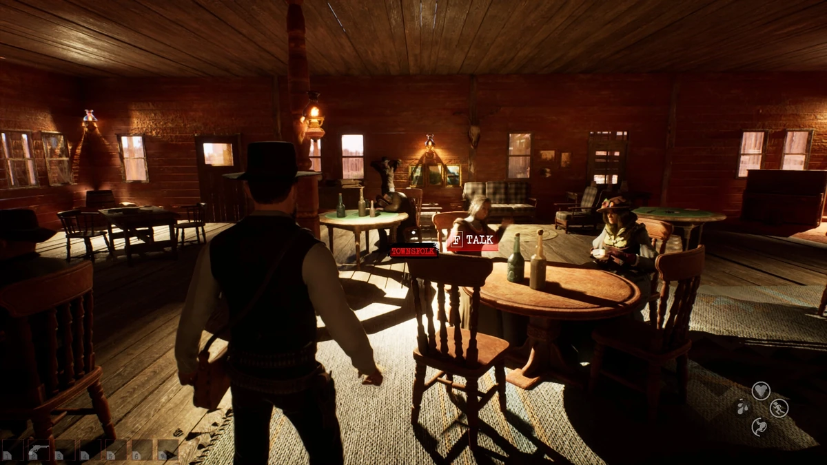 คาวบอยเดินเข้าไปมีปฏิสัมพันธ์และพูดคุยกับชาวเมืองภายในร้านค้าของเกม Western Rye