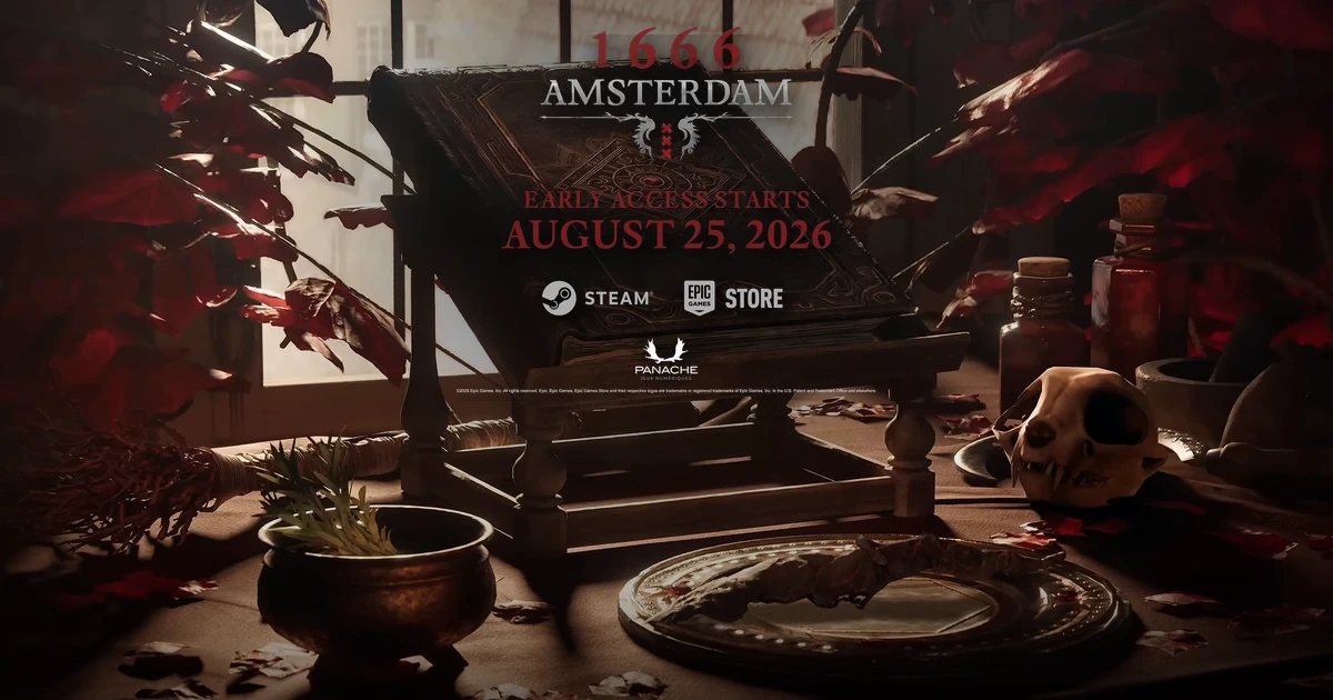 ภาพปกแนะนำเกม 1666 Amsterdam แสดงตัวละคร Noa และ Aaron พร้อมโลโก้เกมทางการ
